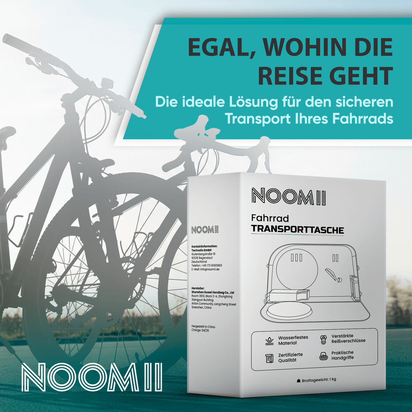 NooMii Fahrrad-Transporttasche mit Rollen – 128 × 78 × 25 cm