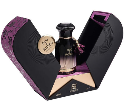 Elegante Flasche des Ahmed Al Maghribi Oud & Roses Eau de Parfum 60ml, ideal für Frauen, mit orientalischem Duft von Oud und Rosen.