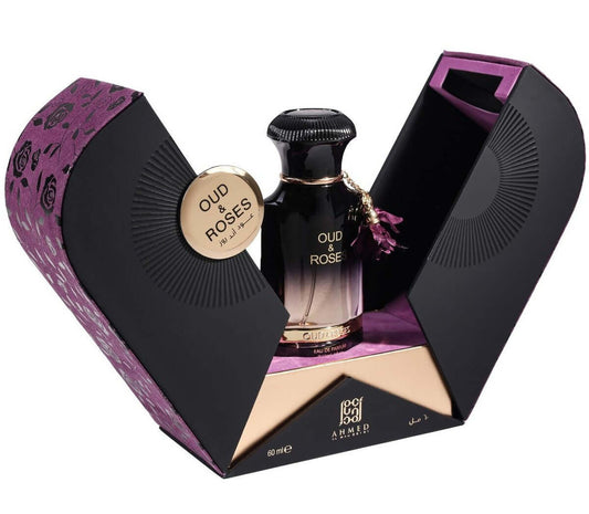 Elegante Flasche des Ahmed Al Maghribi Oud & Roses Eau de Parfum 60ml, ideal für Frauen, mit orientalischem Duft von Oud und Rosen.