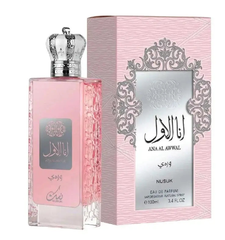Nusuk Ana Al Awwal Pink Eau de Parfum in elegantem Flakon, reich an fruchtigen und blumigen Noten.