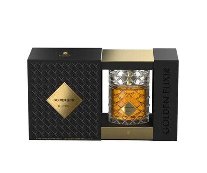RIIFFS Golden Elixir Eau de Parfum 100 ml in eleganter Glasflasche für luxuriösen Duftgenuss.