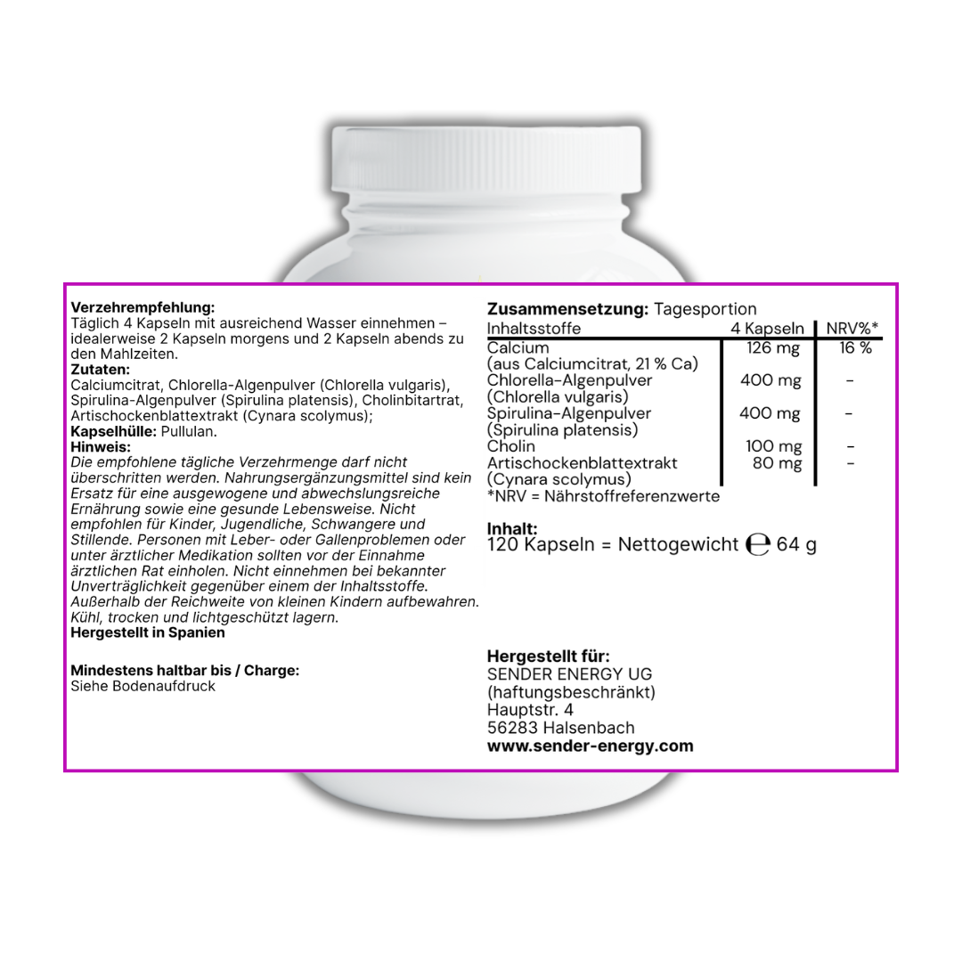 Verpackung der ekovita Algen-Komplex Kapseln mit Chlorella und Spirulina für Stoffwechseloptimierung.