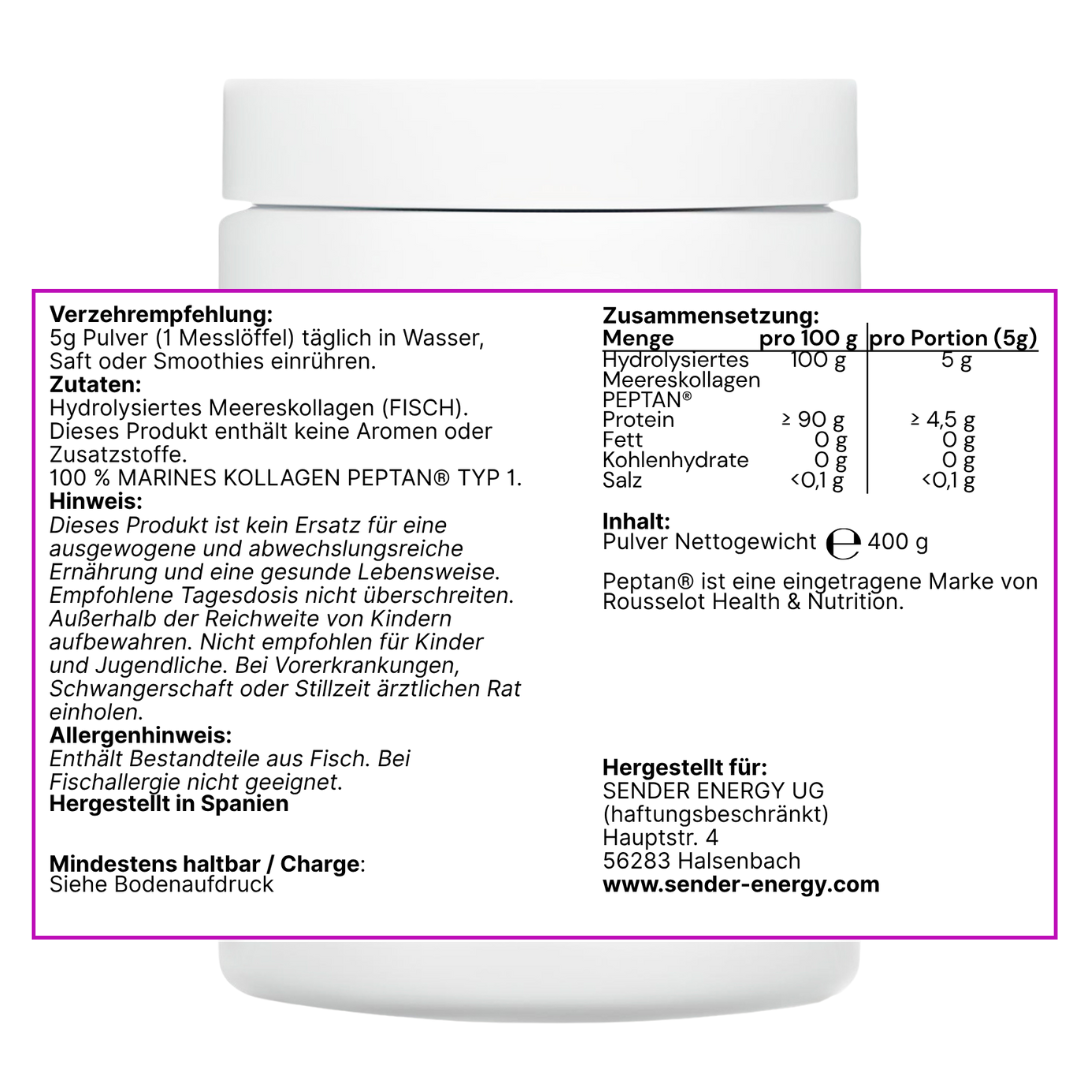 Nahaufnahme des Collagen Pulvers von Ekavita, ideal für die Zubereitung von Nahrungsergänzungsmitteln.