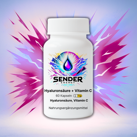 Hyaluronsäure + Vitamin C Kapseln in einer eleganten Verpackung von SENDER ENERGY, ideal für die Hautpflege und Nahrungsergänzung.