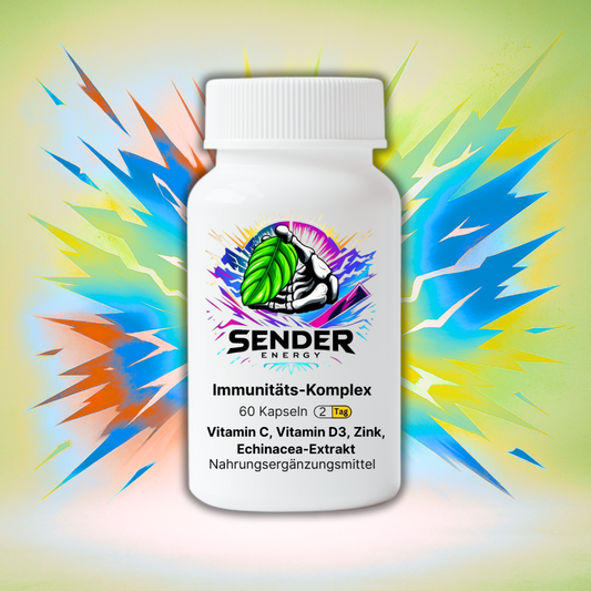 Immunitäts-Komplex Kapseln von SENDER ENERGY, reich an Vitamin C, D3 und Zink für ein starkes Immunsystem.