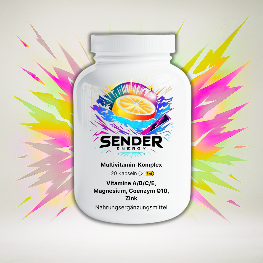 Multivitamin-Komplex Kapseln von SENDER ENERGY in einer hochwertigen, transparenten Flasche.