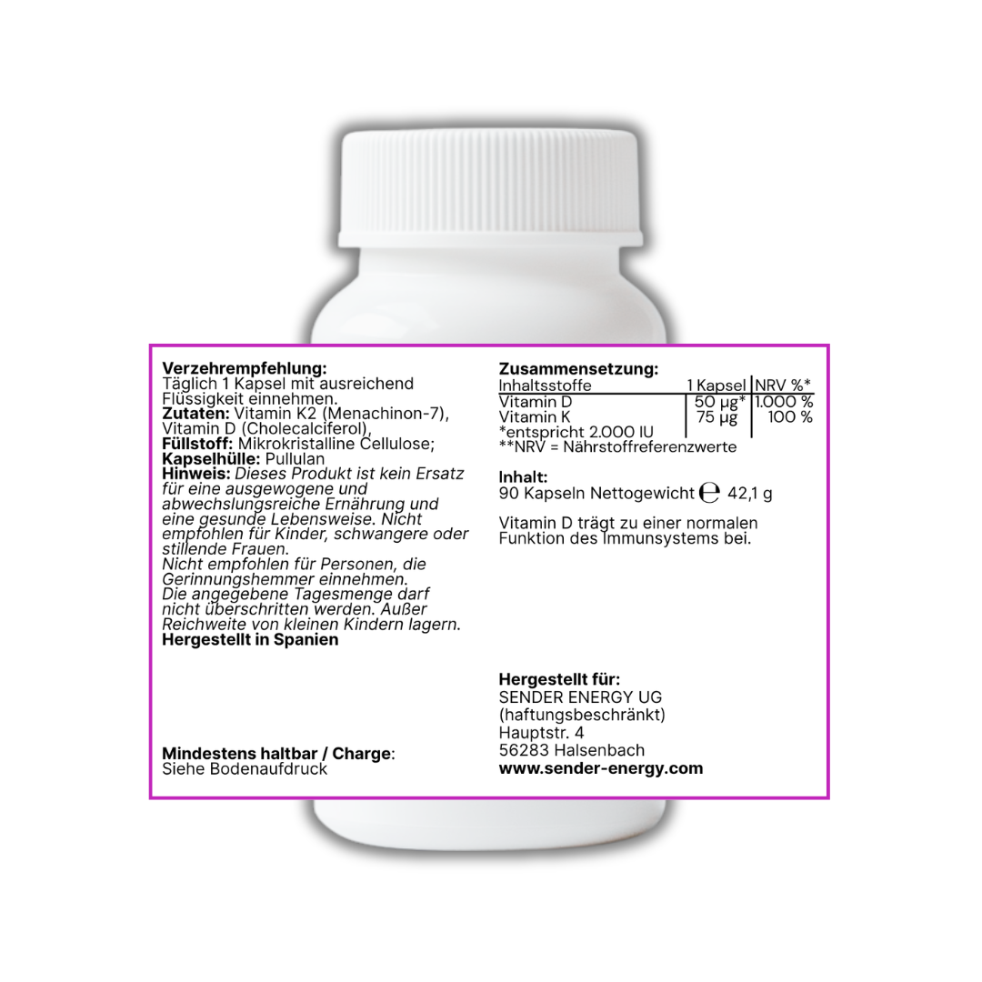 Verpackung der ekovita Vitamin D3 + K2 Kapseln, speziell für die tägliche Steigerung der Vitalität.