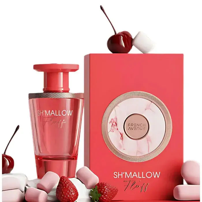 Nahaufnahme der zarten Flasche des Sh'mallow Fluff Eau de Parfum mit eleganten Duftkomponenten.