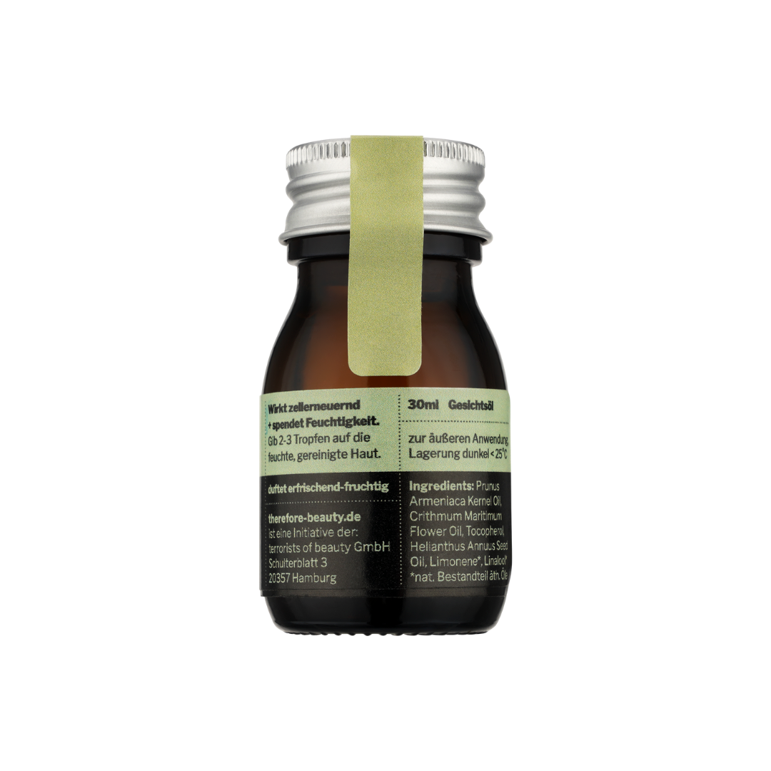 Blick auf die Gesichtsöleinhaltsstoffe, einschließlich Aprikosenkernöl und Meeresfenchel, für reife Haut.