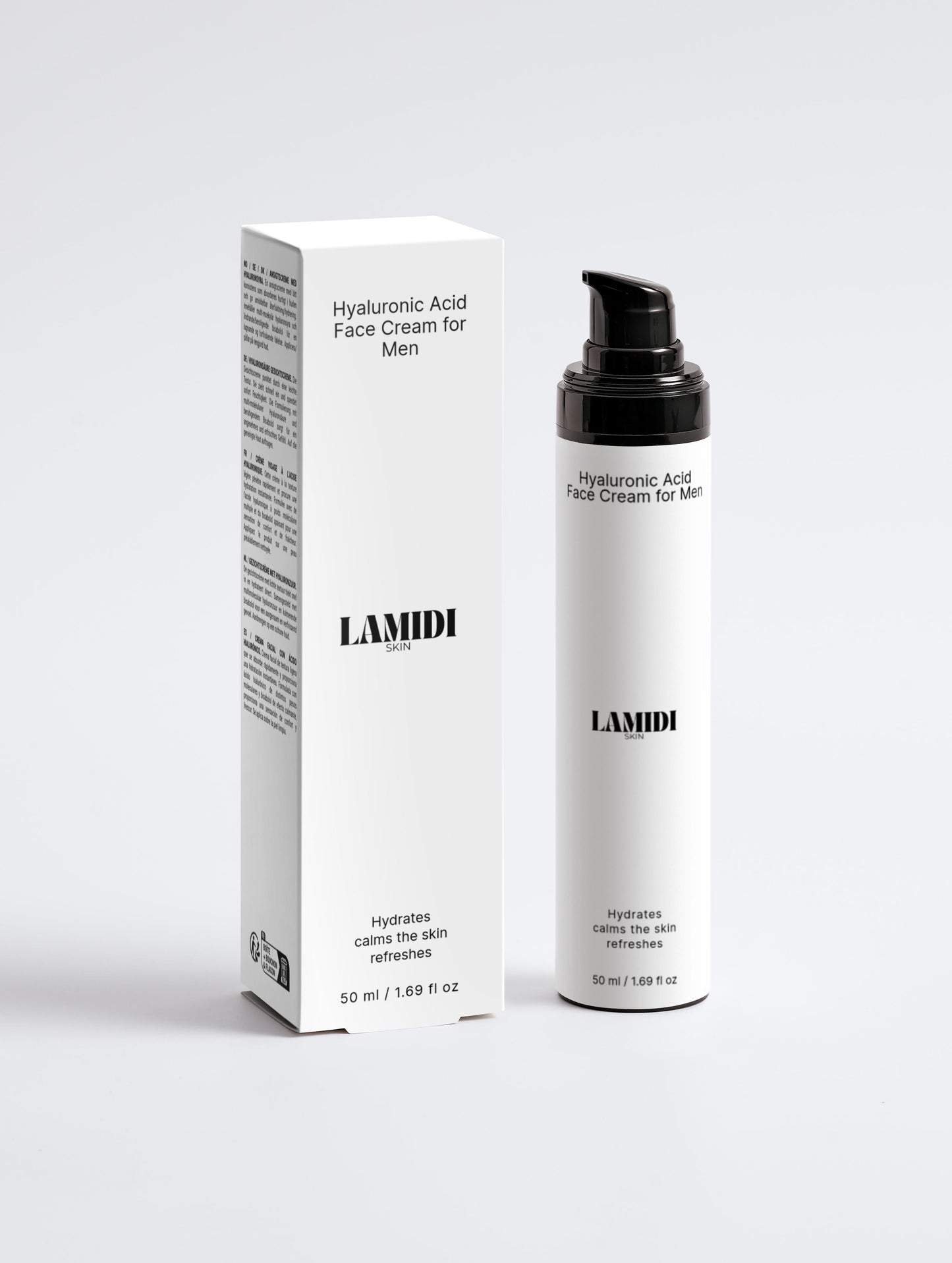 Hyaluronsäure Gesichtscreme für Männer in eleganter Verpackung von Lamidibeauty, ideal für Feuchtigkeitspflege.