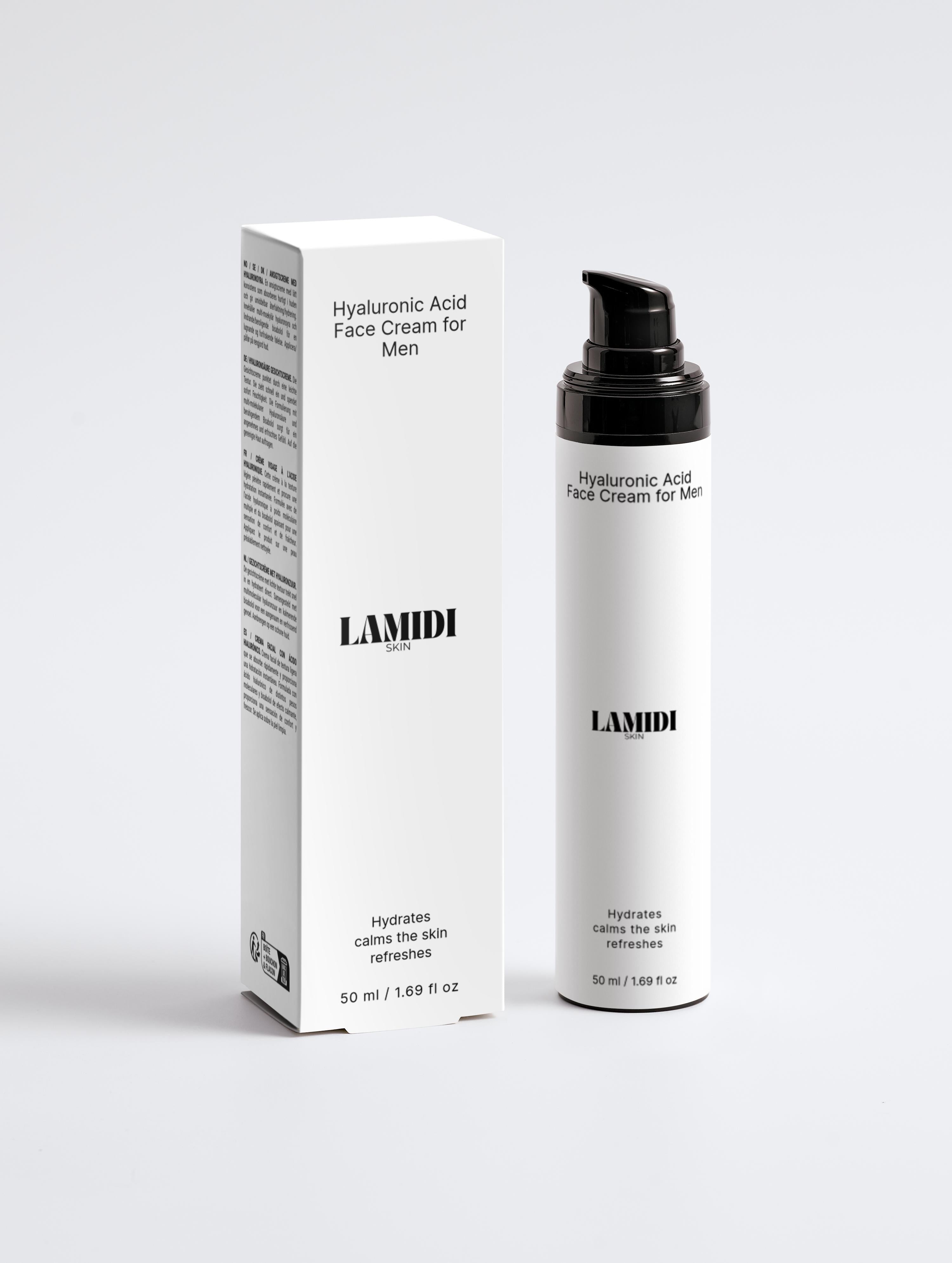 Hyaluronsäure Gesichtscreme für Männer in eleganter Verpackung von Lamidibeauty, ideal für Feuchtigkeitspflege.
