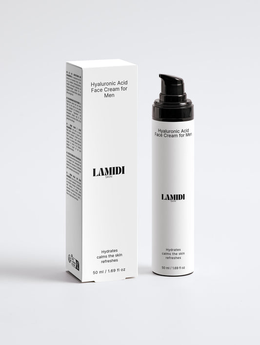 Hyaluronsäure Gesichtscreme für Männer in eleganter Verpackung von Lamidibeauty, ideal für Feuchtigkeitspflege.
