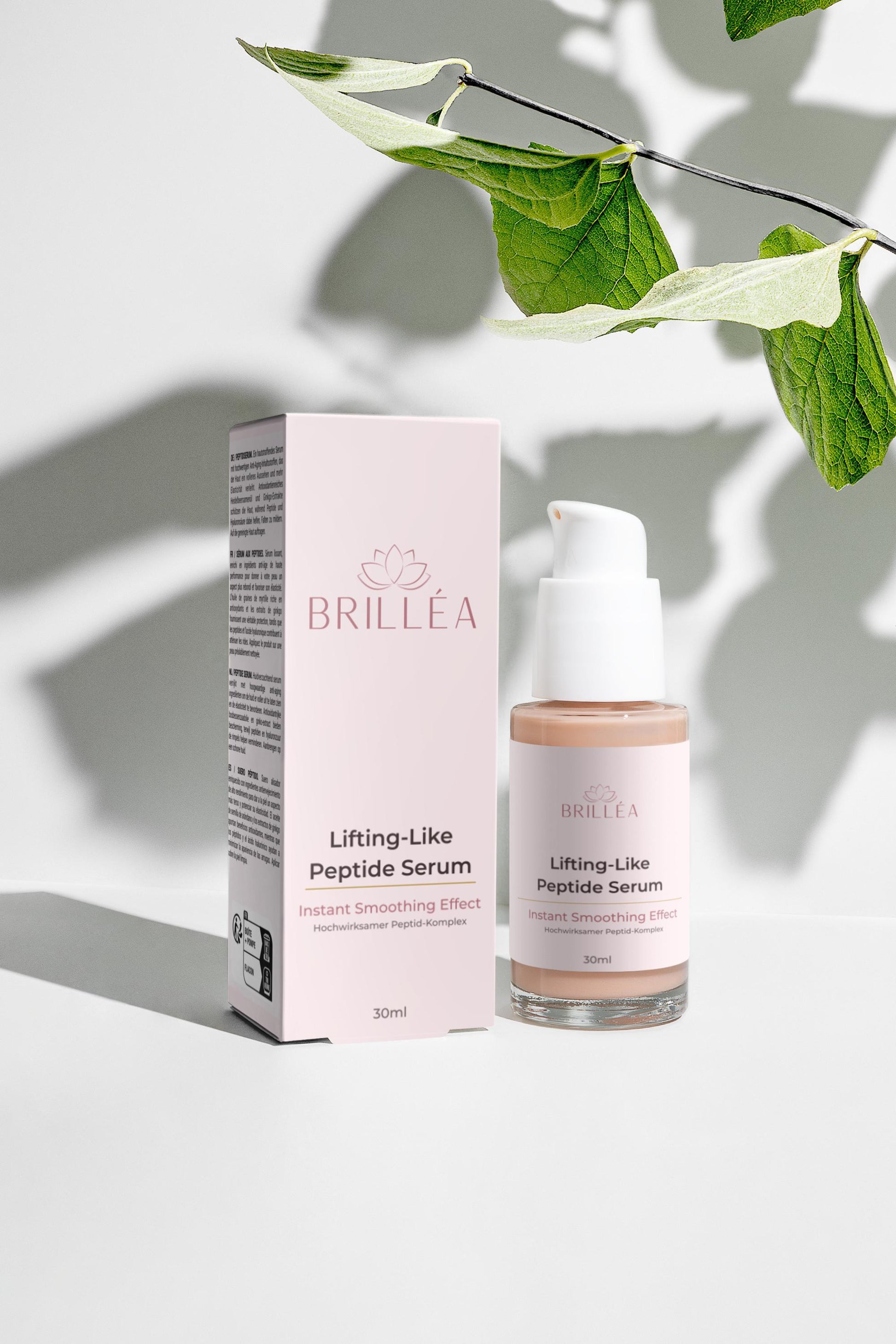 Verpackung des Brilléa Premium Pflege Peptid-Serums, stilvoll und vegan für bewusste Anwender.