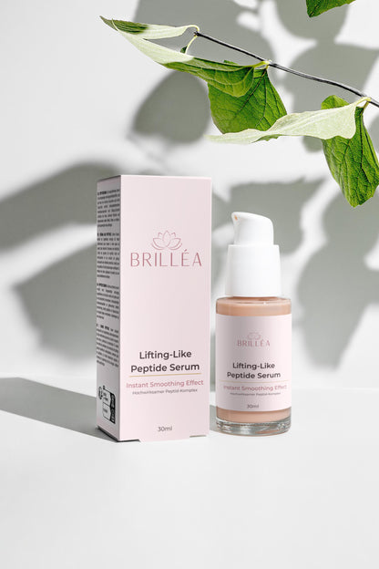 Verpackung des Brilléa Premium Pflege Peptid-Serums, stilvoll und vegan für bewusste Anwender.