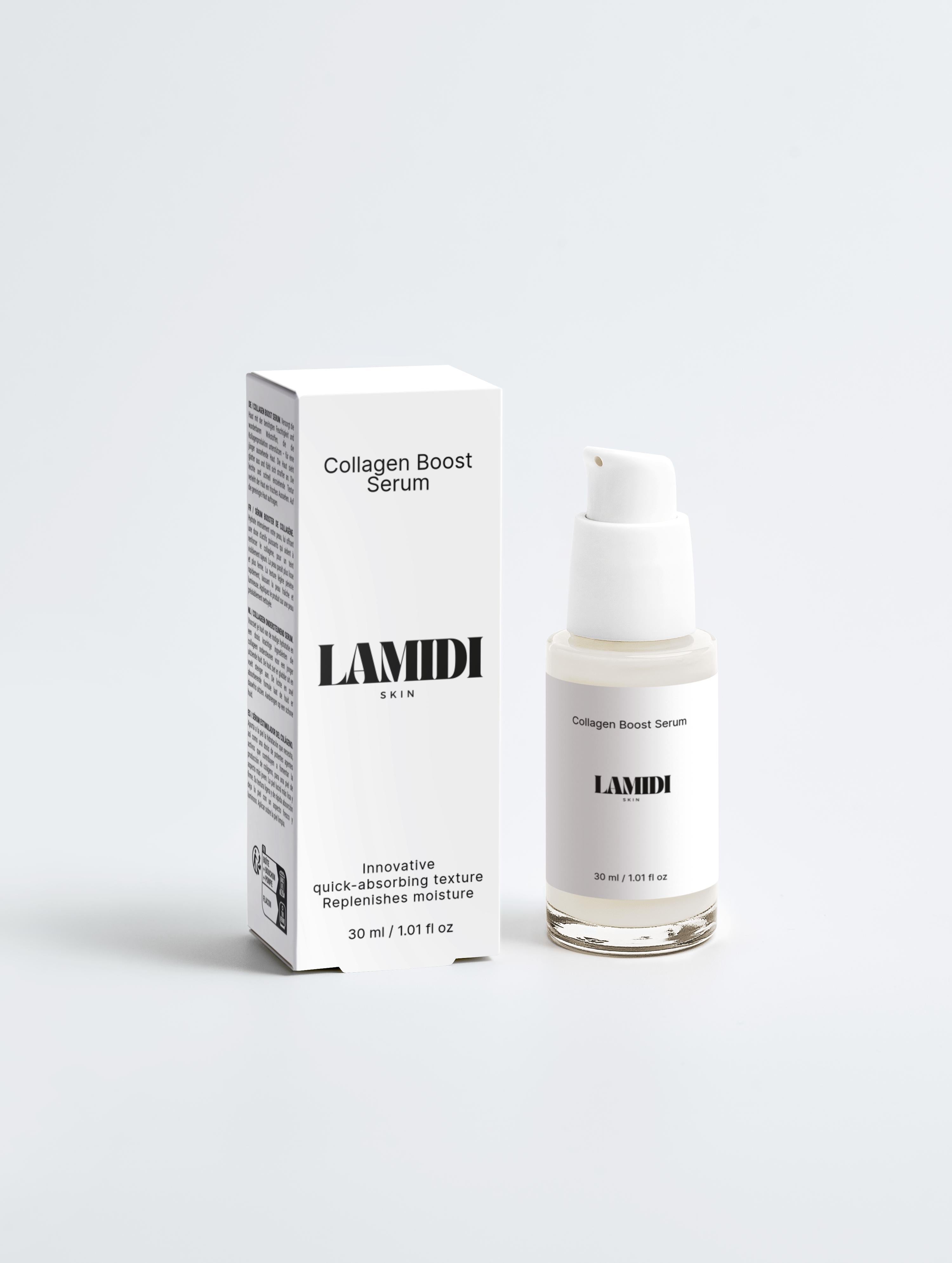 Hochdosiertes Collagen-Boost-Serum von ekovita in edler Flasche für strahlende Hautpflege.